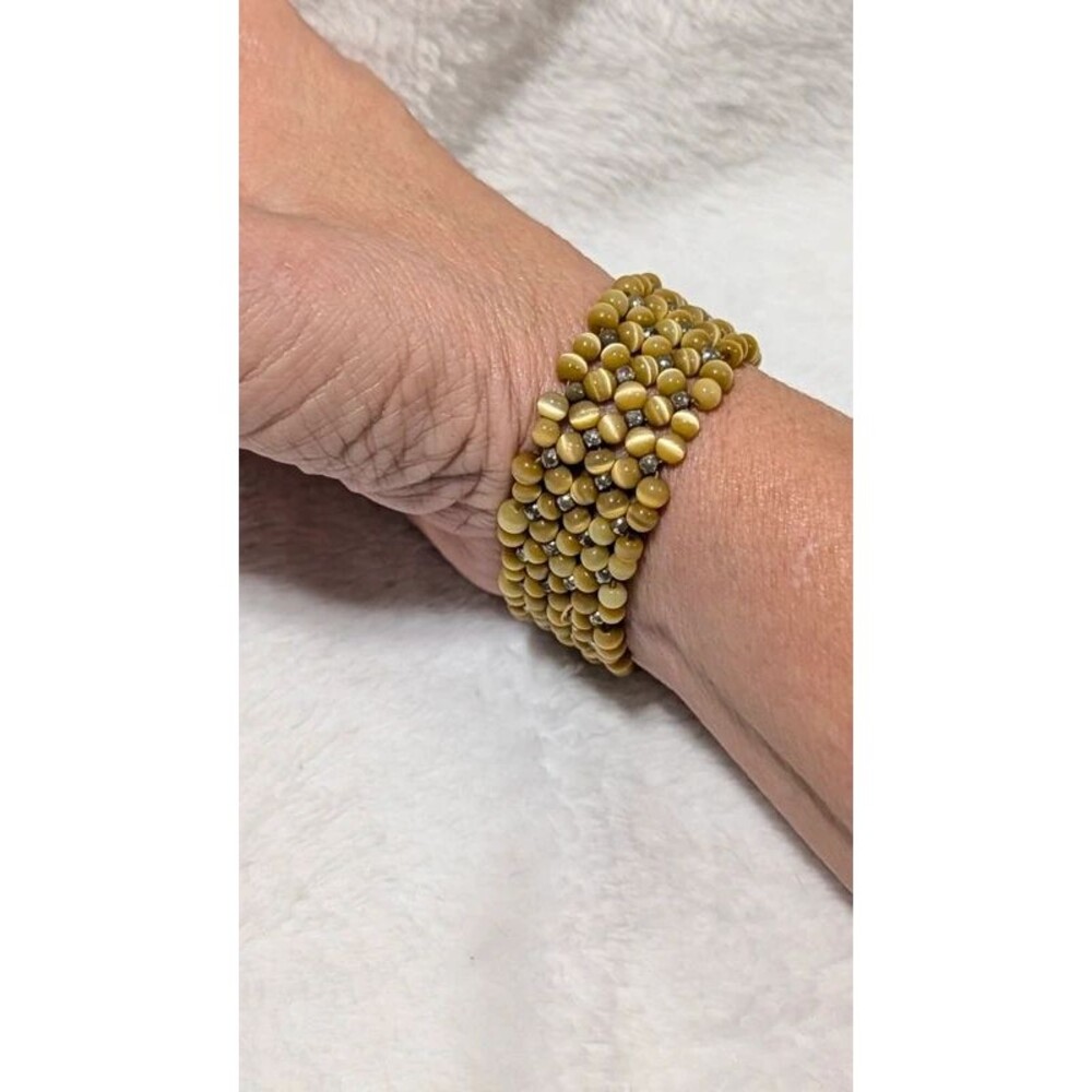 Vintage Olive Green Cats Eye Beaded Stretch Cuff Bracelet Multi Strand